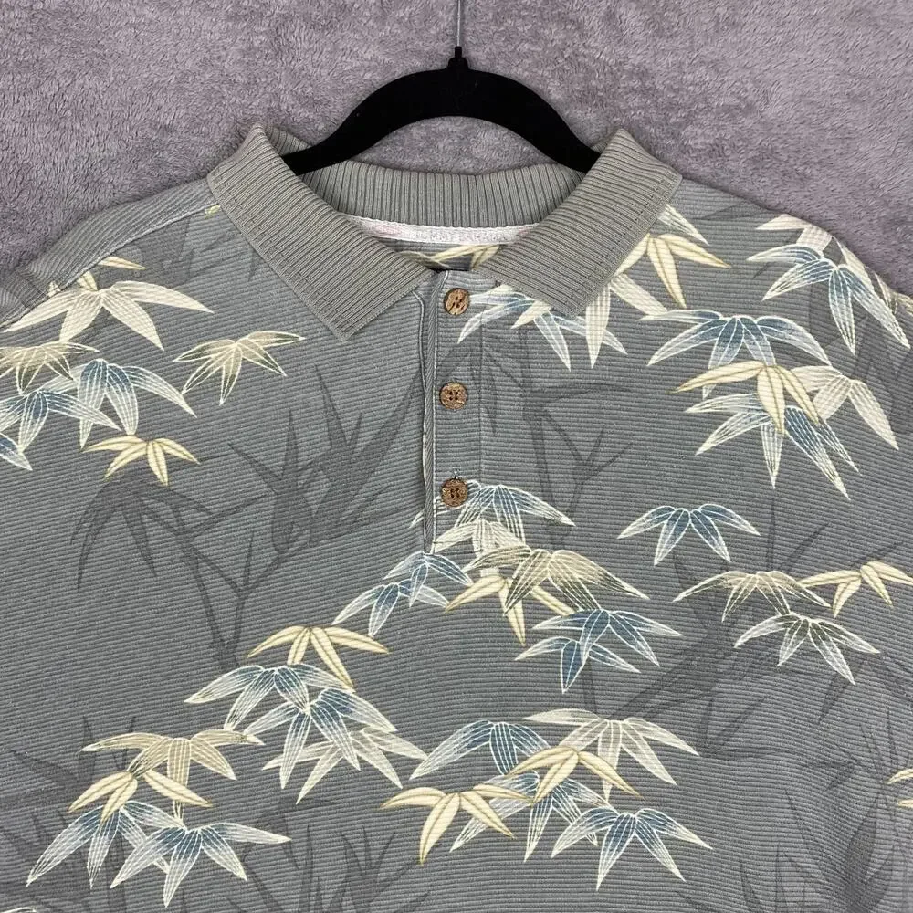 Tommy Bahama Polo Shirt Mens Large Gray Bamboo Leaf Hawaiian Tropical Cotton - Picture 2 of 15